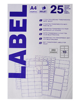 Etiquetas 096x050,8mm 25Fls InkJet Transparente Mate 250un