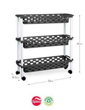Carrinho 3 Cestos Plástico 18,5x58x61cm Aire Slime Cinzento