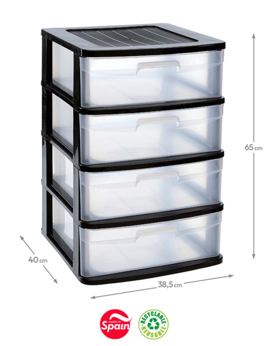 Bloco 4 Gavetas Plástico Sena 40x38,5x65cm Preto