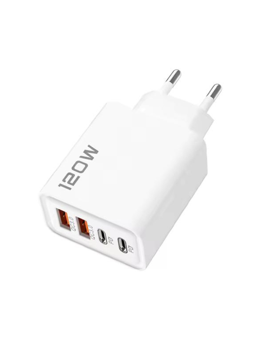 Carregador USB-C PD x2 + USB-A x2 120W Rápido Branco
