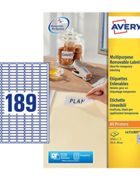 Etiquetas Removíveis 025,4x010mm Avery 25 Folhas 4725un