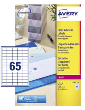 Etiquetas 038,1x021,2mm 25Fls A4 Transparente Avery 1625un