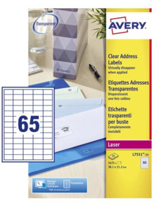 Etiquetas 038,1x021,2mm 25Fls A4 Transparente Avery 1625un