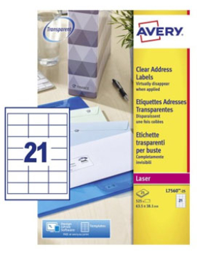 Etiquetas 063,5x038,1mm 25Fls Transparente Avery 525un
