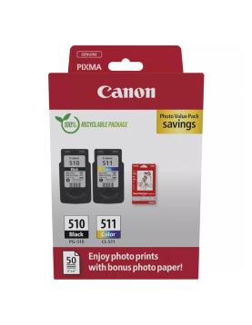 Pack Tinteiros Canon 510/511 Preto/Cor + Papel 2970B017