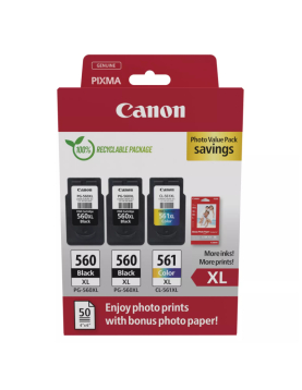 Pack Tinteiros Canon 560XLx2/561XL Preto/Cor+Papel 3712C012