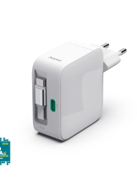 Carregador USB-C 2 Portas GaN 30W c/ Cabo Extensível Branco