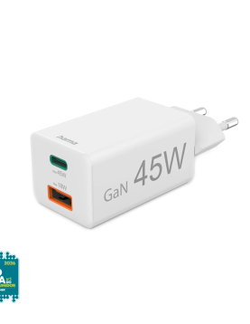 Carregador USB-C+ USB-A PD/QC/GaN 45W Rápido Branco