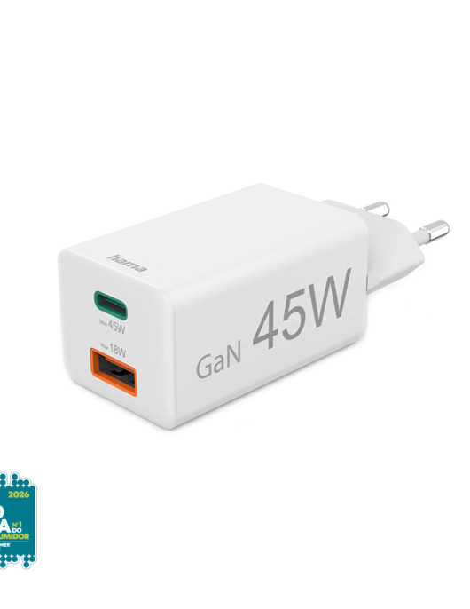 Carregador USB-C+ USB-A PD/QC/GaN 45W Rápido Branco